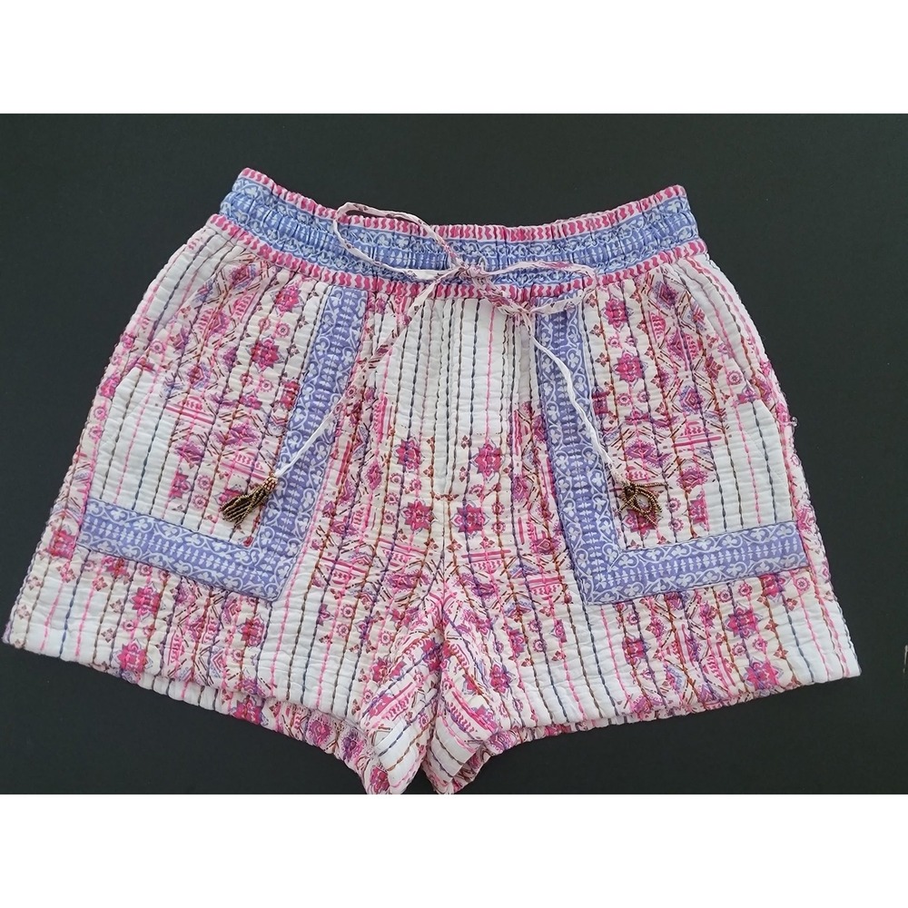 Zara Quilted Block Print Shorts Pink Blue Beaded Tassel Boho Small